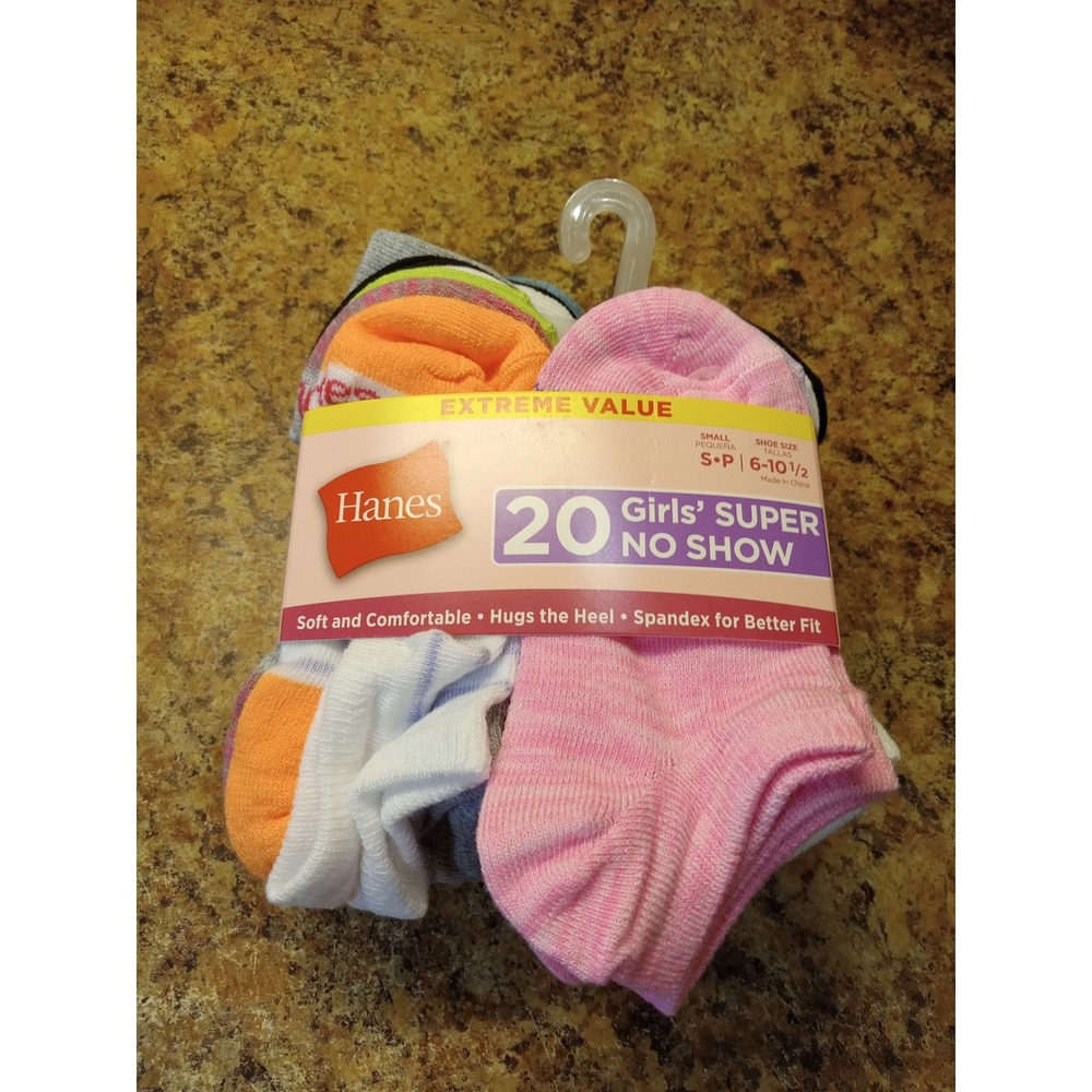 Hanes Girls Super No Show Socks 20 Pair Pack Multicolor Size Small Shoe 6-10.5